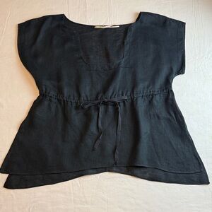 Max Studio Women's Black Linen Square Neck Cinched Waist Blouse Size L